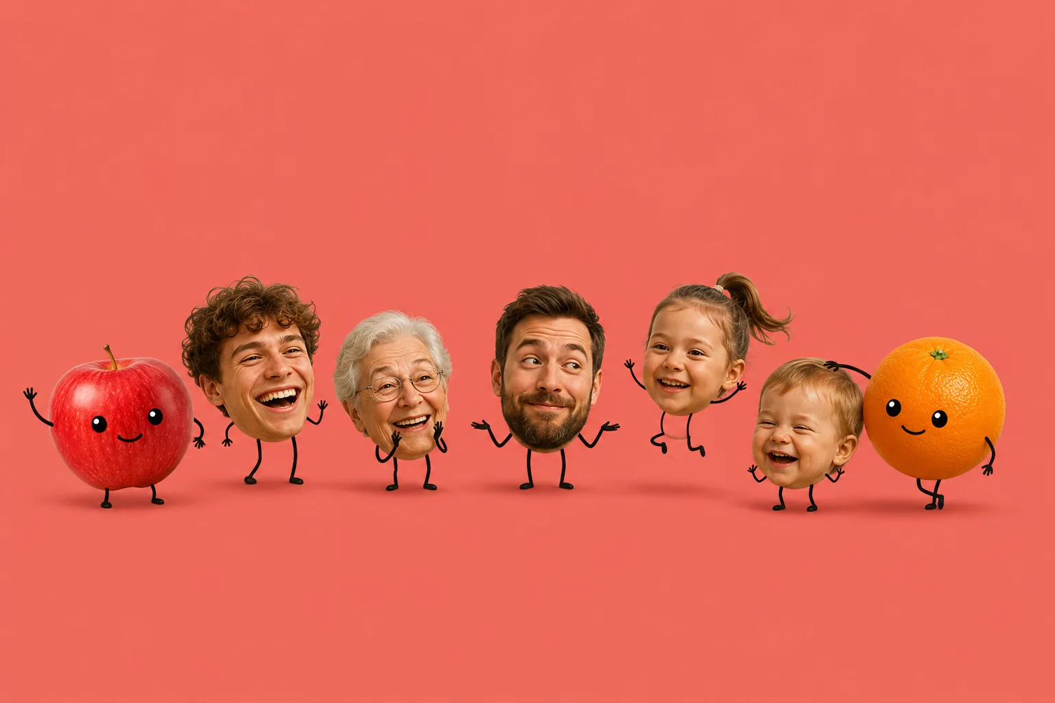 A lineup of characters made from photos of real people, with Apple and Orange