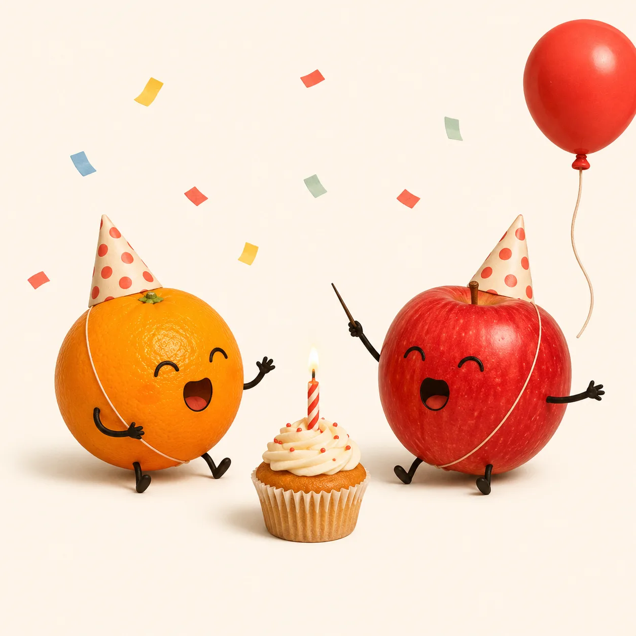 Apple and Orange in party hats singing next to a birthday cupcake