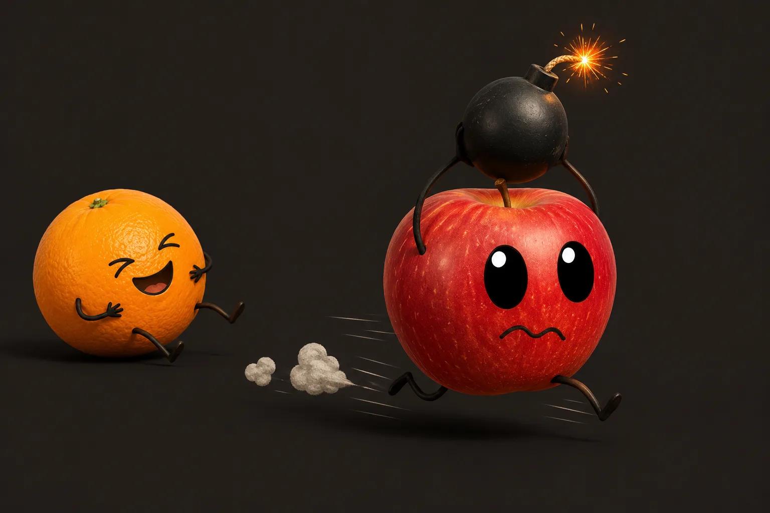Apple sprinting in panic with a lit bomb while Orange laughs