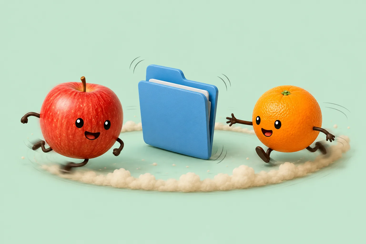 Orange chasing Apple around a wobbling folder icon