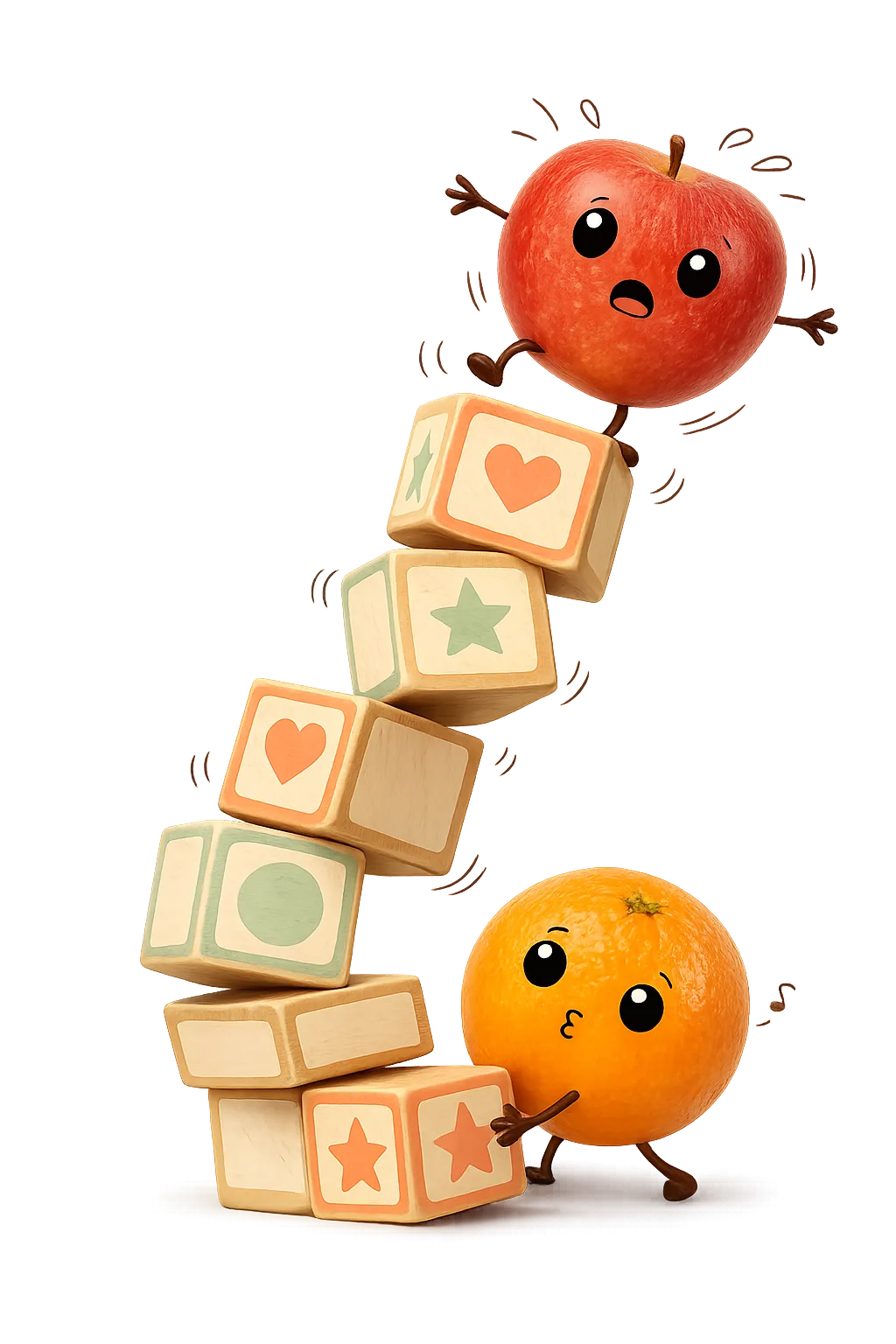 Apple balancing on a falling tower of wooden cubes while Orange pulls one out