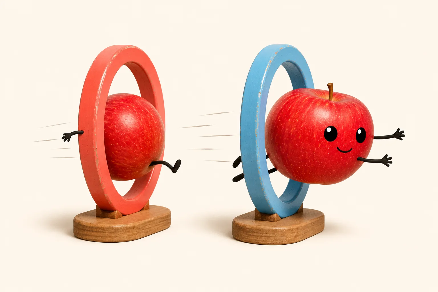 Apple diving into a coral portal ring and popping out of a blue one