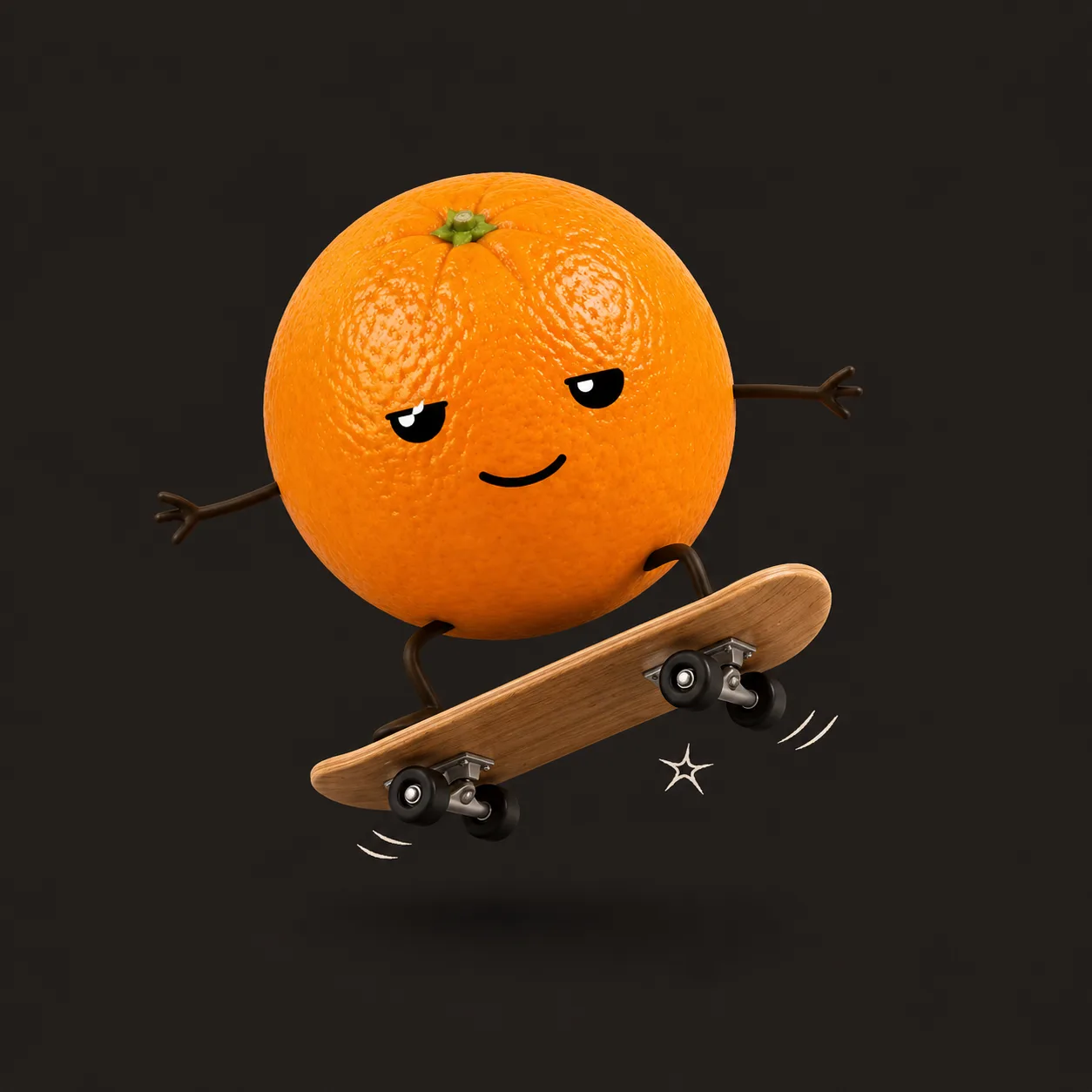 Orange doing a kickflip on a tiny wooden skateboard