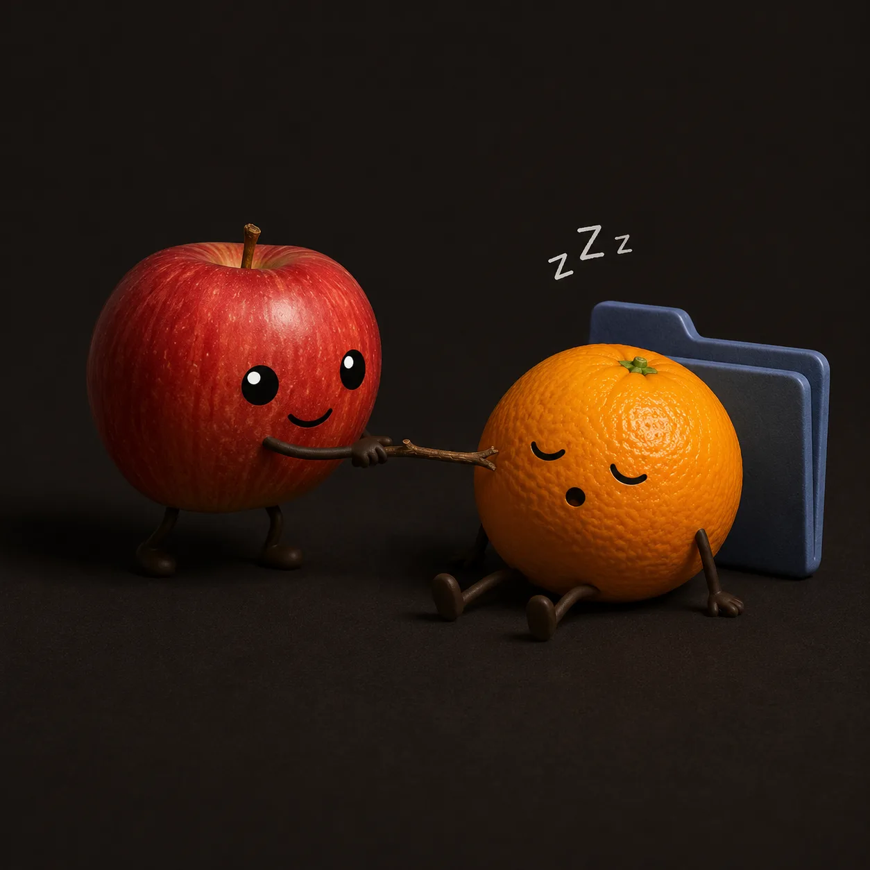 Orange asleep against a folder while Apple sneaks up with a twig
