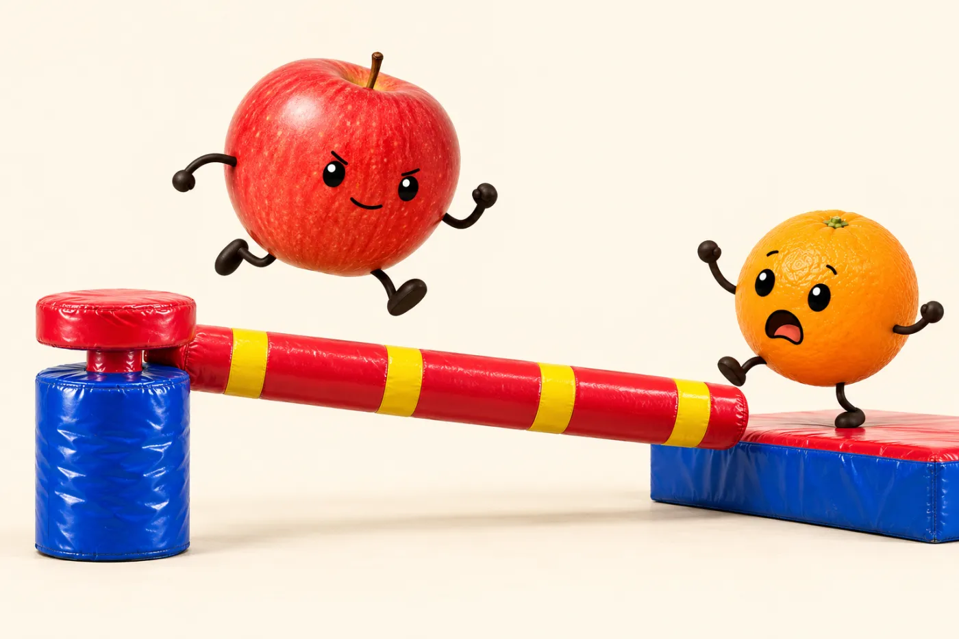 Apple jumping over a spinning foam sweeper arm while Orange is about to get knocked off a platform