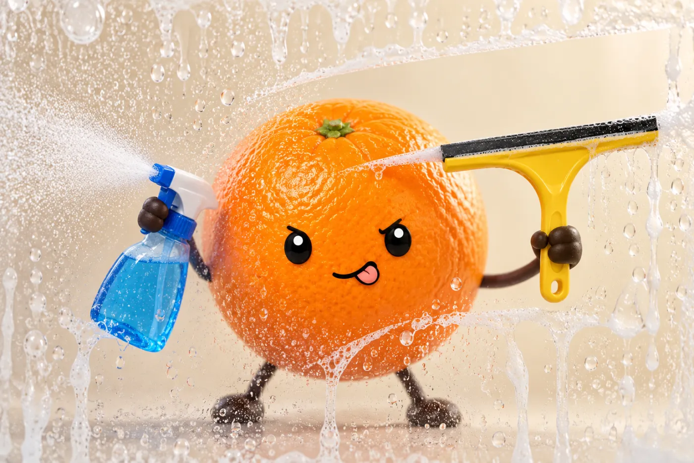 Orange cleaning the inside of your screen with a squeegee and a spray bottle